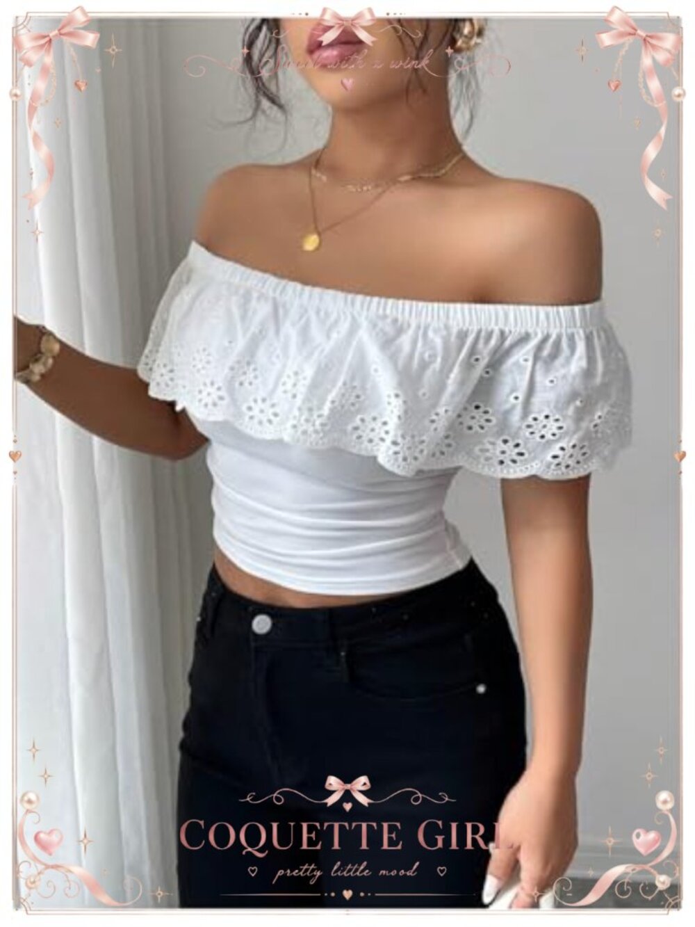 Off Shoulder Ruffle Ruched Cropped Top Eyelet Embroidered Summer Blouse - Picture 4 of 5